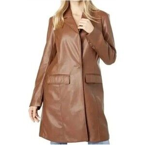 With The Girls By Avec Les Filles Brown Faux Leather Vegan Trench Coat Size M